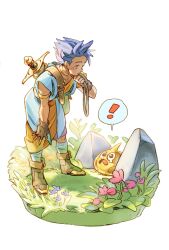 Rule 34 | !, 1boy, armlet, belt, belt buckle, bent over, blue eyes, blue hair, boots, brown belt, brown footwear, brown gloves, buckle, collarbone, commentary request, dragon quest, dragon quest vi, earrings, fingerless gloves, flower, gloves, grass, green socks, hero (dq6), highres, jewelry, looking at another, looking down, looking up, monster, neck ring, rock, shoulder belt, single tear, slime (dragon quest), socks, spiked hair, spoken exclamation mark, sword, wakana 0125, weapon, weapon on back, white background