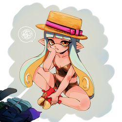 Rule 34 | 1girl, bad id, bad pixiv id, bike shorts, blue hair, blush, bow, breasts, cleavage, collarbone, fang, fang out, frown, hand on own cheek, hand on own face, hat, hat bow, indian style, inkling, inkling girl, inkling player character, lips, long hair, matching hair/eyes, multicolored hair, myonmyon, myonmyon (hama natu), nintendo, orange eyes, orange hair, pink bow, pointy ears, porkpie hat, red footwear, shoes, simple background, sitting, small breasts, sneakers, solo, speech bubble, splatoon (series), splatoon 1, spoken squiggle, squiggle, tentacle hair, two-tone hair