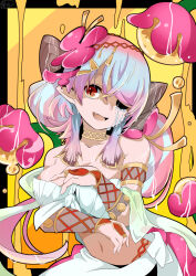 Rule 34 | 1girl, bare shoulders, breasts, bridal gauntlets, cleavage, dress, duel monster, flower, hair flower, hair ornament, hair over one eye, highres, large breasts, long hair, looking at viewer, mochi curry, multicolored hair, navel, open mouth, pink hair, pointy ears, red eyes, smile, solo, traptrix pinguicula, yu-gi-oh!