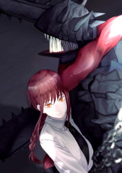 Rule 34 | 1girl, 1other, absurdres, black necktie, black pants, braid, braided ponytail, chain, chainsaw, chainsaw devil, chainsaw man, collared shirt, facing away, grey background, highres, intestines, looking at viewer, makima (chainsaw man), medium hair, necktie, orange eyes, pants, red hair, ringed eyes, scarf, sharp teeth, shirt, shirt tucked in, sidelocks, smile, teeth, toukaairab, white shirt