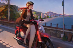 Rule 34 | 1girl, absurdres, artist name, beach, blue eyes, city, driving, goggles, goggles on headwear, helmet, high heels, highres, hill, motor vehicle, motorcycle, mountain, ocean, original, parted lips, red hair, shore, thien ngo