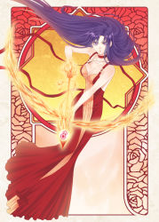 Rule 34 | 1girl, arrow (projectile), art nouveau, bare arms, bare shoulders, bishoujo senshi sailor moon, bow, bow (weapon), breasts, choker, cleavage, collarbone, dress, fire, full body, hino rei, jewelry, long hair, looking at viewer, mars symbol, necklace, nickii25, princess, princess mars, purple eyes, purple hair, red dress, ribbon, solo, standing, very long hair, weapon