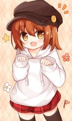 Rule 34 | 1girl, :d, argyle, argyle background, argyle clothes, blush, brown background, brown eyes, brown hair, brown hat, brown thighhighs, cabbie hat, drawstring, fang, flower, hair between eyes, hat, hood, hood down, hoodie, long sleeves, looking at viewer, notice lines, open mouth, original, pennant, plaid, plaid skirt, red flower, red skirt, skirt, sleeves past wrists, smile, solo, star (symbol), thighhighs, white flower, white hoodie, yuuhagi (amaretto-no-natsu)