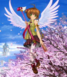 Rule 34 | 1990s (style), 1girl, antenna hair, bad id, bad pixiv id, blush, boots, brown hair, card, cardcaptor sakura, cherry blossoms, child, clow card, flower, full body, fuuin no tsue, green eyes, hair bobbles, hair ornament, highres, holding, holding card, kinomoto sakura, kodansha, magical girl, mutsuki (moonknives), name connection, object namesake, petals, retro artstyle, ribbon, short hair, short twintails, skirt, solo, staff, striped clothes, striped thighhighs, thighhighs, twintails, wand, wings
