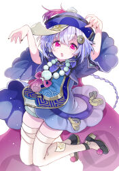Rule 34 | 1girl, :o, aqua shorts, arms up, bead necklace, beads, black footwear, black nails, braid, braided ponytail, cape, coin hair ornament, dress, earrings, feet up, full body, genshin impact, ghost pose, hair ornament, hat, high heels, highres, jewelry, jiangshi, jumping, looking at viewer, mnmn3 ao, necklace, ofuda, pom pom (clothes), pumps, purple cape, purple dress, purple eyes, purple hat, qingdai guanmao, qiqi (genshin impact), short hair, shorts, solo, talisman, tassel, thighhighs, vision (genshin impact), white background, white thighhighs, zettai ryouiki