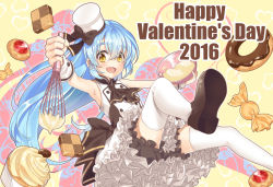 Rule 34 | 1girl, 2016, :d, ascot, bloomers, blue hair, blush, bowl, brown footwear, candy, checkerboard cookie, child, cookie, cupcake, doughnut, english text, food, hair between eyes, happy valentine, hat, heart, high-waist skirt, highres, holding, loafers, long hair, looking at viewer, mini hat, mixing bowl, nakanobe mari, official art, open mouth, outstretched arm, shio kouji (shiokojii), shirt, shizuku no oto, shoes, silhouette, skirt, smile, solo, thighhighs, underwear, valentine, very long hair, whisk, white hat, white shirt, white thighhighs, wrapped candy, wrist cuffs, yellow background, yellow eyes