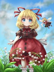Rule 34 | 2girls, arm at side, arm behind back, bad id, bad pixiv id, black shirt, black skirt, blonde hair, blue eyes, blue sky, blush, bobby socks, bow, bowtie, bubble skirt, cloud, commentary request, day, fairy wings, feet out of frame, floating, flower, grass, hair between eyes, hair ribbon, highres, holding, holding flower, kayon (touzoku), lily of the valley, looking at viewer, medicine melancholy, multiple girls, outdoors, puffy short sleeves, puffy sleeves, red footwear, red neckwear, red shirt, red skirt, ribbon, shirt, short hair, short sleeves, skirt, sky, smile, socks, standing, su-san, touhou, white legwear, wings