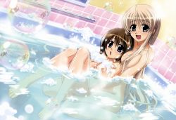 Rule 34 | 2girls, absurdres, barefoot, bath, blonde hair, brown hair, bubble, bubble bath, dutch angle, feet, green eyes, hair over breasts, hair over one breast, highres, lily-strosek, long hair, lyrical nanoha, mahou senki lyrical nanoha force, mahou shoujo lyrical nanoha, mahou shoujo lyrical nanoha a&#039;s, mahou shoujo lyrical nanoha a&#039;s portable: the gears of destiny, multiple girls, non-web source, nude, nyantype, official art, open mouth, shinozaki akira, short hair, toes, very long hair, water, wet, yagami hayate, yuri