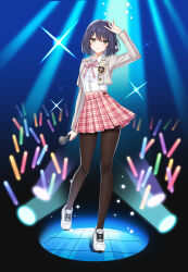 Rule 34 | 1girl, arm at side, badge, black background, black pantyhose, blue background, blue hair, bob cut, bow, braid, closers, collared shirt, cropped jacket, dark background, dark blue hair, eunha (closers), full body, glowstick, gradient background, green eyes, grey jacket, hair bow, hand on own head, highres, holding, holding microphone, idol, jacket, light smile, long sleeves, looking at viewer, microphone, midriff peek, miniskirt, neck ribbon, official art, open clothes, open jacket, pantyhose, pink ribbon, pink skirt, plaid, plaid ribbon, plaid skirt, pleated skirt, ribbon, school uniform, shirt, shoes, short hair, side braid, skirt, sneakers, solo, sparkle, stage, stage lights, tachi-e, walking, white bow, white footwear, white shirt