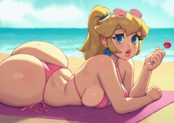 Rule 34 | 1girl, ass, bare shoulders, beach, beach towel, bikini, blonde hair, blue eyes, blue sky, blush, breasts, candy, commentary, day, earrings, english commentary, food, highres, horizon, huge ass, jewelry, large breasts, lips, lollipop, long hair, looking at viewer, mario (series), nintendo, ocean, open mouth, outdoors, pink bikini, princess peach, riz, sand, sky, solo, sunglasses, sweat, swimsuit, towel, water