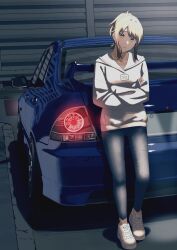 Rule 34 | 1girl, absurdres, blonde hair, blue pants, car, closed mouth, collarbone, commentary request, crossed arms, full body, head tilt, highres, hood, hoodie, long sleeves, looking at viewer, love live!, love live! nijigasaki high school idol club, miyashita ai, motor vehicle, orange eyes, pants, ponytail, s sho mkrn, shoes, sidelocks, solo, spoiler (automobile), toyota, toyota altezza, white footwear, white hoodie