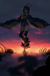 Rule 34 | 1girl, ankle ribbon, bare shoulders, barefoot sandals (jewelry), bob cut, breasts, collarbone, echo (circa), eyeliner, fate/grand order, fate (series), glowing, glowing eyes, gradient sky, headpiece, horns, japanese clothes, kimono, leg ribbon, legs, long sleeves, looking at viewer, makeup, obi, off shoulder, oni, open mouth, orange sky, purple hair, purple kimono, purple sky, red eyes, red ribbon, revealing clothes, ribbon, ribs, sash, short hair, short kimono, shuten douji (fate), skeleton, skin-covered horns, skull, sky, small breasts, smile, sunset, twilight, wide sleeves