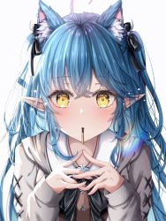 Rule 34 | 1girl, ahoge, animal ear fluff, animal ears, black bow, black bowtie, black ribbon, blue hair, bow, bowtie, brown shirt, cat ears, commentary request, extra ears, food, food in mouth, grey jacket, hair ribbon, hands up, highres, hololive, jacket, kasakai hikaru, long hair, long sleeves, looking at viewer, mouth hold, multicolored hair, pocky, pocky day, pointy ears, ribbon, shirt, simple background, solo, streaked hair, two side up, upper body, virtual youtuber, white background, yellow eyes, yukihana lamy, yukihana lamy (casual)