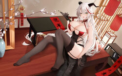 Rule 34 | 1girl, absurdres, aegir (azur lane), aegir (golden dragon among auspicious clouds) (azur lane), azur lane, bare shoulders, black garter straps, black horns, black thighhighs, breasts, calligraphy brush, chinese zodiac, cleavage, criss-cross halter, cross-laced clothes, demon horns, framed breasts, garter straps, hair on horn, halterneck, highres, holding, holding brush, holding calligraphy brush, holding paintbrush, horns, incense, knees up, lace, lace-trimmed thighhighs, lantern, large breasts, long hair, multicolored hair, no shoes, official alternate costume, paintbrush, red hair, revealing clothes, sideless outfit, sitting, streaked hair, thighhighs, white hair, xnnagu, year of the dragon