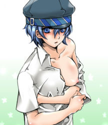 Rule 34 | 1girl, atlus, bad id, bad pixiv id, blue eyes, blue hair, blush, breasts, cabbie hat, hat, large breasts, lowres, mao sweetberry, matching hair/eyes, persona, persona 4, shirogane naoto, short hair, solo, tomboy