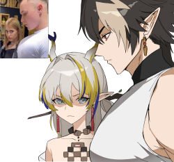 Rule 34 | 1boy, 1girl, arknights, bare shoulders, blue eyes, chong yue (arknights), commentary, dragon boy, dragon girl, dragon horns, earrings, english commentary, girl staring at guys chest (meme), hair ornament, hair stick, highres, horns, jason kim, jewelry, large pectorals, looking at another, meme, multicolored hair, pectorals, pointy ears, red eyes, reference inset, shirt, shu (arknights), sleeveless, sleeveless shirt, upper body, white background, white shirt