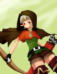 Rule 34 | 1girl, arrow (projectile), belt, bow (weapon), braid, dragon&#039;s crown, elf, elf (dragon&#039;s crown), female focus, gradient background, highres, hood, pointy ears, shorts, solo, vanillaware, weapon