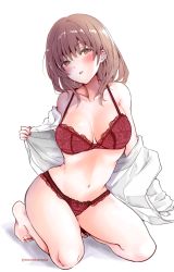 Rule 34 | 1girl, absurdres, amami reiko, bare shoulders, barefoot, blush, bow, bow bra, bra, breasts, brown hair, collarbone, dress shirt, fingernails, half-closed eyes, head tilt, highres, kneeling, lace, lace-trimmed bra, lace-trimmed panties, lace trim, lingerie, looking at viewer, medium breasts, nail polish, navel, no pants, off shoulder, open clothes, open shirt, orange eyes, original, panties, parted lips, red bra, red nails, red panties, shirt, simple background, skindentation, toenails, twitter username, underwear, undressing, white shirt