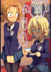 Rule 34 | 2girls, black necktie, black pantyhose, blonde hair, blue eyes, blue skirt, blue sweater, blurry, blurry background, blush, braid, commentary, constricted pupils, cup, darjeeling (girls und panzer), dress shirt, emblem, frown, girls und panzer, highres, holding, holding cup, holding saucer, indoors, jinguu (4839ms), long sleeves, looking at another, looking at viewer, miniskirt, multiple girls, necktie, on chair, open mouth, orange hair, orange pekoe (girls und panzer), pantyhose, pillarboxed, pleated skirt, saucer, school uniform, shirt, short hair, sitting, skirt, smile, st. gloriana&#039;s (emblem), st. gloriana&#039;s school uniform, standing, sweatdrop, sweater, teacup, translated, twin braids, v-neck, v arms, white shirt, window, wing collar
