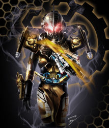 Rule 34 | 1boy, arm blade, armor, black background, black gloves, clenched hand, commentary request, driver (kamen rider), full body, gears, gloves, gold armor, helmet, highres, honeycomb (pattern), kamen rider, kamen rider build (series), kamen rider grease, male focus, mixed-language commentary, necrom (973797hyun), pauldrons, red eyes, rider belt, sclash driver, shoulder armor, sky, solo, tokusatsu, weapon