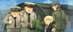 Rule 34 | 10s, 2girls, 3boys, asterisk kome, black hair, blonde hair, breast pocket, clenched hands, clenched teeth, closed eyes, from behind, gloves, green hair, hand on another&#039;s shoulder, hat, kantai collection, long hair, long sleeves, military, military uniform, multiple boys, multiple girls, nagatsuki (kancolle), peaked cap, pocket, satsuki (kancolle), teeth, twitter username, uniform