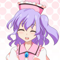 Rule 34 | 1girl, :d, ^ ^, brooch, cato (monocatienus), closed eyes, commentary request, closed eyes, facing viewer, frilled hat, frills, halftone, halftone background, hat, jewelry, long hair, merlin prismriver, open mouth, puffy sleeves, purple hair, side ponytail, simple background, smile, solo, touhou, upper body