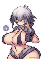 Rule 34 | ..., 10s, 1girl, animated, animated gif, artist logo, bare arms, between breasts, bikini, bikini top only, bird tail, black gloves, black hair, blush, breasts, closed mouth, collared shirt, covered erect nipples, curvy, gloves, grey hair, grey neckwear, grey shirt, grey shorts, groin, hair between eyes, hands up, hip focus, huge breasts, kemono friends, low ponytail, medium hair, multicolored hair, navel, necktie, necktie between breasts, open clothes, open fly, open shirt, open shorts, orange hair, rabbitbrush, shirt, shoebill (kemono friends), short shorts, short sleeves, shorts, side ponytail, simple background, skindentation, slit pupils, solo, spoken ellipsis, stomach, swimsuit, tail, upper body, white background, wide hips, wing collar, yellow eyes