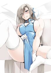 Rule 34 | 1girl, asuna (blue archive), bare shoulders, blue archive, blue dress, blue eyes, blue ribbon, blush, breasts, cleavage, cleavage cutout, clothing cutout, dress, gloves, grin, hair over one eye, hair ribbon, halo, highres, large breasts, light brown hair, long hair, looking at viewer, pelvic curtain, ribbon, sideboob, sitting, smile, solo, spread legs, thighhighs, very long hair, white gloves, white thighhighs, zekkyon