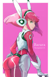 Rule 34 | 1girl, ass, barara peol, bodysuit, border, character name, copyright name, from side, green eyes, gundam, gundam g no reconguista, highres, leaning forward, looking to the side, nao32, parted lips, pilot suit, pink background, pink bodysuit, pink hair, short hair, solo, white border
