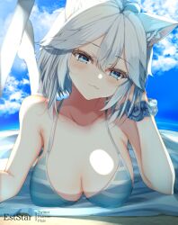 Rule 34 | 1girl, :3, ahoge, animal ear fluff, animal ears, aties20, bare arms, bare shoulders, bikini, blue bikini, blue eyes, blue scrunchie, blue sky, blush, breasts, cleavage, closed mouth, cloud, cloudy sky, collarbone, commentary request, day, fang, fang out, hair between eyes, head tilt, horizon, large breasts, lying, ocean, on stomach, outdoors, scrunchie, sky, solo, swimsuit, vei (vtuber), vei (vtuber) (8th costume), virtual youtuber, vshojo, water, white hair, wrist scrunchie