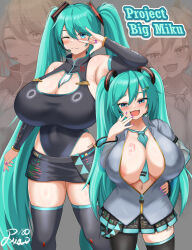 Rule 34 | 2girls, :d, \m/, alternate breast size, alternate costume, aqua eyes, aqua hair, areola slip, armpits, barcode, barcode tattoo, bare shoulders, between breasts, black thighhighs, blush, breast tattoo, breasts, cleavage, cleavage cutout, clothing cutout, covered navel, curvy, detached sleeves, dual persona, fang, food-themed hair ornament, grey background, hair ornament, hand on own hip, hatsune miku, headset, highres, hip tattoo, huge breasts, leotard, long hair, mesugaki, microskirt, miniskirt, multiple girls, navel, necktie, necktie between breasts, one eye closed, open mouth, partially unzipped, pleated skirt, purple nails, see-through, see-through sleeves, shortstack, signature, skirt, smile, smug, spring onion hair ornament, tattoo, thighhighs, twintails, very long hair, vocaloid, xiao (gensou8953), zettai ryouiki, zoom layer