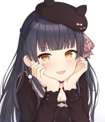 Rule 34 | 1girl, :d, animal print, beret, black hair, black hat, black shirt, blunt bangs, blush, bow, braid, breasts, brown bow, brown eyes, cleavage, earrings, fake horns, fingernails, glint, hat, head in hand, head rest, heart, heart earrings, highres, horned headwear, horns, idolmaster, idolmaster shiny colors, jewelry, leopard print, long hair, long sleeves, looking at viewer, mayuzumi fuyuko, medium breasts, nail polish, open mouth, pink nails, print bow, seventeen (st17215), shirt, simple background, smile, solo, tilted headwear, upper body, v-shaped eyebrows, white background