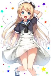 Rule 34 | 1girl, blonde hair, blue eyes, blue sailor collar, dress, feet out of frame, gloves, hat, imachireki, jervis (kancolle), kantai collection, long hair, looking at viewer, open mouth, sailor collar, sailor dress, sailor hat, short sleeves, solo, standing, standing on one leg, star (symbol), starry background, white background, white dress, white gloves, white hat