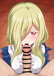 Rule 34 | 1boy, 1girl, arms at sides, bar censor, blonde hair, blue skirt, blush, breasts, censored, closed mouth, fishnet pantyhose, fishnets, from above, hair over one eye, heart, hetero, highres, imminent fellatio, jashin-chan dropkick, long hair, looking at viewer, looking up, mature female, medium breasts, mumyou ishi, naughty face, nervous, nervous smile, pantyhose, penis, persephone (jashin-chan dropkick), pov, pov crotch, precum, red eyes, shirt, sitting, skirt, smile, solo focus, spread legs, white shirt