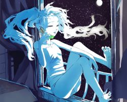 Rule 34 | 1girl, bare shoulders, barefoot, blue eyes, cellphone, full moon, hatsune miku, highres, long hair, monochrome, moon, night, open mouth, phone, sitting, sky, smile, solo, star (sky), starry sky, strap slip, supopon (sppn), tank top, twintails, vocaloid, window