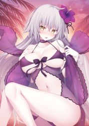 Rule 34 | 1girl, ahoge, alternate costume, bare shoulders, bikini, blush, bracelet, breasts, cleavage, clothing cutout, collarbone, commentary, commentary request, covered erect nipples, evening, fate/grand order, fate (series), flower, front-tie top, hair between eyes, hair flower, hair ornament, hibiscus, jeanne d&#039;arc (fate), jeanne d&#039;arc alter (avenger) (fate), jeanne d&#039;arc alter (fate), jewelry, large breasts, long hair, looking at viewer, miko (royal milk), navel, navel cutout, open mouth, pale skin, palm tree, purple bikini, purple flower, see-through, silver hair, sitting, solo, sunset, swimsuit, thighs, tree, underboob, very long hair, yellow eyes
