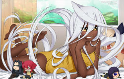 Rule 34 | 1girl, arm support, ass, bed, black sclera, breasts, character doll, colored sclera, commentary, curtains, dark-skinned female, dark skin, doppel (monster musume), english commentary, eyes visible through hair, grin, hand on own cheek, hand on own face, indoors, lindaroze, long hair, looking at viewer, lying, manako, monster musume no iru nichijou, ms. smith, on stomach, small breasts, smile, smirk, solo, tionishia, v-shaped eyebrows, very dark skin, very long hair, watermark, web address, white hair, yellow eyes, zombina (monster musume)