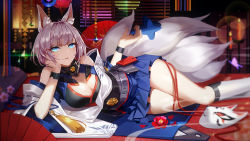 Rule 34 | 1girl, animal ears, azur lane, bare shoulders, blue eyes, blue skirt, blunt bangs, blush, breasts, cleavage, commentary request, cowlick, d. (ddot2018), detached sleeves, flower, folding fan, fox ears, fox mask, fox tail, hakama, hakama short skirt, hakama skirt, hand fan, highres, indoors, japanese clothes, kaga (azur lane), kikumon, large breasts, long sleeves, looking at viewer, lying, mask, multiple tails, on side, parted lips, pleated skirt, revision, shikigami, short hair, silver hair, skirt, socks, solo, tail, thighs, white socks, wide sleeves