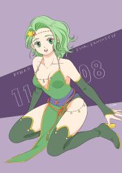 Rule 34 | 1girl, aged up, breasts, bridal gauntlets, character name, dated, earrings, final fantasy, final fantasy iv, full body, green eyes, green hair, hair ornament, highres, jewelry, long hair, looking at viewer, open mouth, rydia (ff4), solo, star (symbol), teeth, thighhighs, upper teeth only