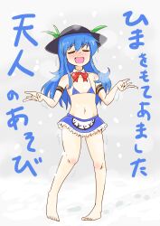 Rule 34 | 1girl, :d, absurdres, adapted costume, barefoot, bikini, bikini skirt, black hat, blue background, blue hair, blue skirt, blush, bow, bowtie, cold, commentary request, detached collar, flat chest, frilled skirt, frills, full body, hat, highres, hinanawi tenshi, leaf, long hair, mikadukimo, miniskirt, navel, nose blush, open mouth, red bow, red bowtie, skirt, smile, snowing, solo, swimsuit, touhou, translation request, trembling