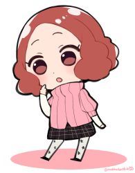 Rule 34 | 10s, 1girl, :o, blush, brown eyes, brown hair, chibi, commentary request, do m kaeru, floral print, okumura haru, open mouth, pantyhose, persona, persona 5, pink sweater, plaid, plaid skirt, pointing, pointing at self, print pantyhose, ribbed sweater, school uniform, short hair, shuujin academy school uniform, skirt, solo, sweater, twitter username, white pantyhose