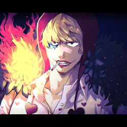Rule 34 | 1boy, amane (yukiango69), black eyes, blonde hair, buttons, cigarette, collarbone, donquixote rocinante, embers, facepaint, feather boa, fire, highres, letterboxed, lipstick, looking ahead, makeup, male focus, one piece, red headwear, shirt, short hair, solo, white shirt