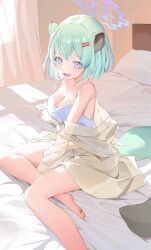 Rule 34 | 1girl, absurdres, animal ears, bare legs, bare shoulders, barefoot, bed sheet, blue archive, blush, breasts, camisole, cleavage, collarbone, commentary, curtains, green hair, halo, highres, indoors, looking at viewer, medium breasts, on bed, pillow, shigure (blue archive), shirt, short hair, sitting, smile, solo, tail, toes, weasel ears, weasel tail, white camisole, window shadow, yellow shirt, yo owl, yokozuwari