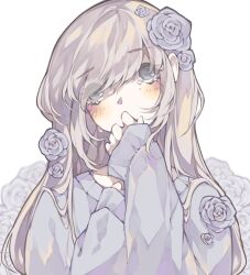 Rule 34 | 1girl, blue flower, blue rose, blue sweater, blush, brown hair, commentary, covering own mouth, english commentary, floral background, flower, frilled sleeves, frills, grey eyes, hair flower, hair ornament, hand on own chest, hand on own face, head tilt, highres, littlebluemuffin, long hair, long sleeves, looking up, original, painttool sai (medium), pastel colors, puffy long sleeves, puffy sleeves, rose, sweater, tearing up, upper body, white background, yumeruu (littlebluemuffin)