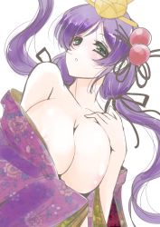 Rule 34 | 10s, 1girl, bare shoulders, blush, breasts, clothes down, floral print, frapowa, green eyes, hair ornament, hand on own shoulder, hinamatsuri, japanese clothes, kimono, large breasts, long hair, love live!, love live! school idol project, purple hair, solo, tojo nozomi, twintails
