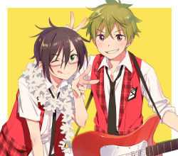 Rule 34 | 2boys, ;q, akiyama hayato, arm up, asymmetrical hair, black hair, black necktie, blonde hair, blush, border, chromatic aberration, closed mouth, collared shirt, crossed bangs, electric guitar, emblem, eyes visible through hair, feather boa, from side, glasses, green eyes, grin, guitar, hair between eyes, hand up, hechima (issindotai), idolmaster, idolmaster side-m, idolmaster side-m live on stage!, instrument, iseya shiki, leaning forward, light brown hair, looking at viewer, male focus, multiple boys, necktie, one eye closed, open clothes, open vest, outside border, pink-framed eyewear, plaid, plaid vest, red eyes, red vest, school uniform, semi-rimless eyewear, shirt, short sleeves, simple background, sleeves past elbows, sleeves rolled up, smile, straight hair, strap, tongue, tongue out, under-rim eyewear, upper body, v, v-shaped eyebrows, vest, white border, white shirt, wing collar, yellow background