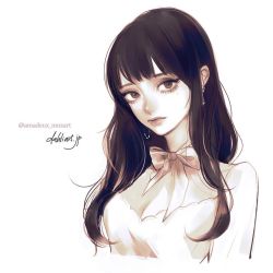 Rule 34 | 1girl, arms at sides, artist name, bad id, bad instagram id, black hair, bow choker, breasts, brown eyes, cleavage, commentary, commission, dress, earrings, english commentary, eyelashes, jewelry, lips, looking at viewer, medium breasts, mole, mole under eye, original, simple background, solo, takenaka, watermark, web address, white background, white dress