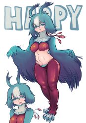 Rule 34 | 1girl, absurdres, antenna hair, bird legs, blue eyes, blue hair, blue pubic hair, blue wings, blush, commentary, covered erect nipples, english text, hair between eyes, harpy, highres, hiyorimi jijii, looking at viewer, monster girl, multicolored hair, neck fur, open mouth, original, simple background, two-tone hair, white background, white hair, winged arms, wings