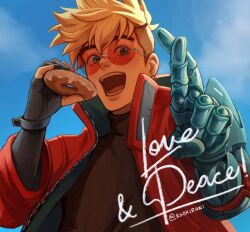 Rule 34 | 1boy, :d, black gloves, black shirt, blonde hair, blue background, crossed fingers, doughnut, earrings, english text, food, glasses, gloves, hands up, highres, holding, holding food, jacket, jewelry, kookirani, looking at viewer, male focus, mole, mole under eye, open mouth, orange-tinted eyewear, partially fingerless gloves, prosthesis, prosthetic arm, red jacket, round eyewear, shirt, short hair, single earring, smile, solo, tinted eyewear, trigun, trigun stampede, twitter username, undercut, upper body, vash the stampede