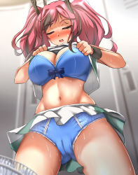 Rule 34 | 1girl, absurdres, azur lane, bare shoulders, blue bra, blue panties, blush, bra, breasts, bremerton (azur lane), bremerton (scorching-hot training) (azur lane), cleavage, closed eyes, clothes lift, commentary request, commission, cowboy shot, crop top, electric fan, fanning crotch, fanning self, green skirt, grey hair, groin, hair between eyes, hair intakes, hair ornament, highres, hot, indoors, large breasts, lifting own clothes, locker, locker room, long hair, midriff, multicolored hair, navel, no mole, nose blush, open mouth, panties, pink hair, shirt, shirt lift, sidelocks, skeb commission, skirt, sleeveless, sleeveless shirt, solo, sportswear, standing, streaked hair, sweat, teeth, tennis uniform, twintails, two-tone hair, two-tone shirt, two-tone skirt, underwear, upper teeth only, upskirt, white shirt, white skirt, wristband, zanntetu